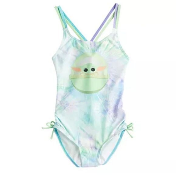 Girls 7/8 Star Wars Mandalorian Grogu Baby Yoda One-Piece Swimsuit Green Tie Dye - Picture 6 of 11
